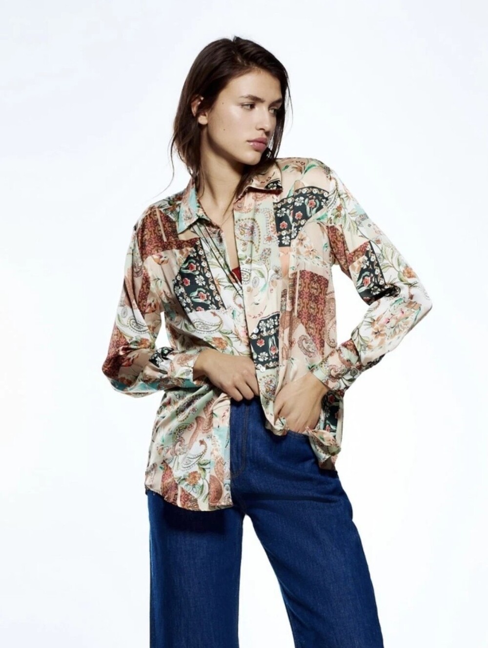 Zara neutral satin effect paisley boho button down shirt S